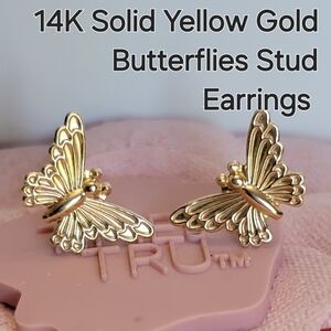14K Solid Yellow Gold Butterflies Stud Earrings